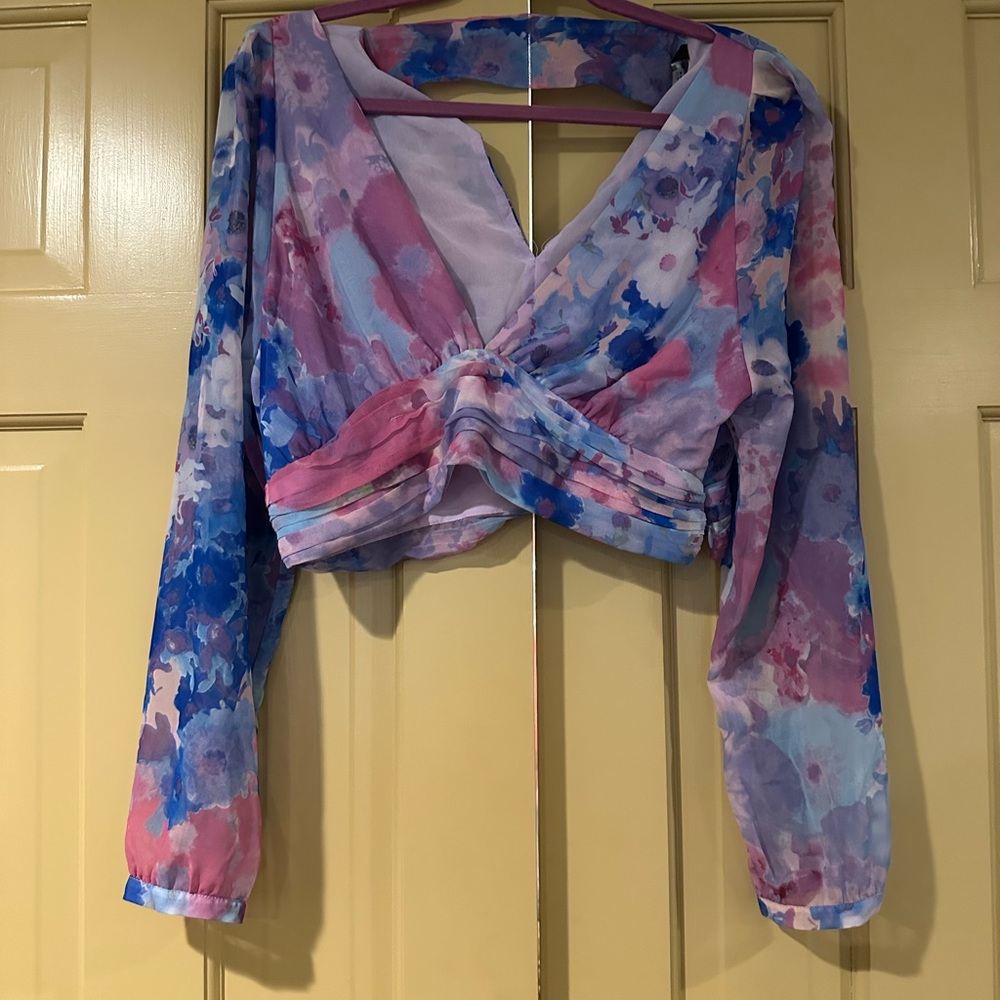 Zara Pink and Blue Long Sleeve Wrap Blouse
